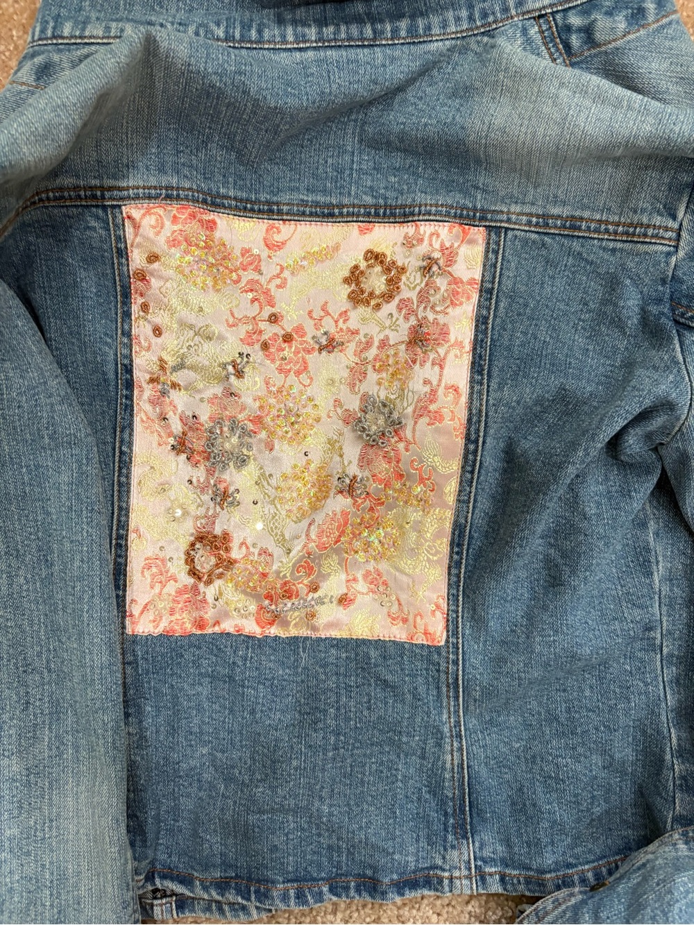 Bisou Bisou Blue Denim Jacket with Pink Floral Applique Back